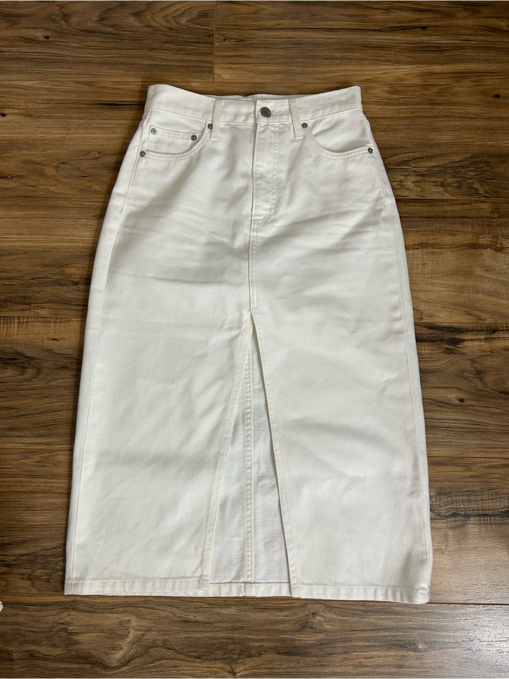 Aritzia White Denim Midi Skirt with Front Slit